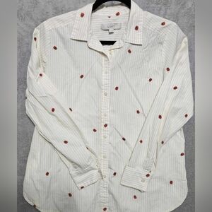 LOFT Striped Embroidered Ladybug Button-down Shirt Size Small Cotton Blend